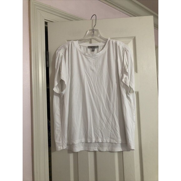 All Saints Womens Boxy White Top Ruched Shoulder Chic Short Sleeve Modern Sz 6 - Picture 2 of 8